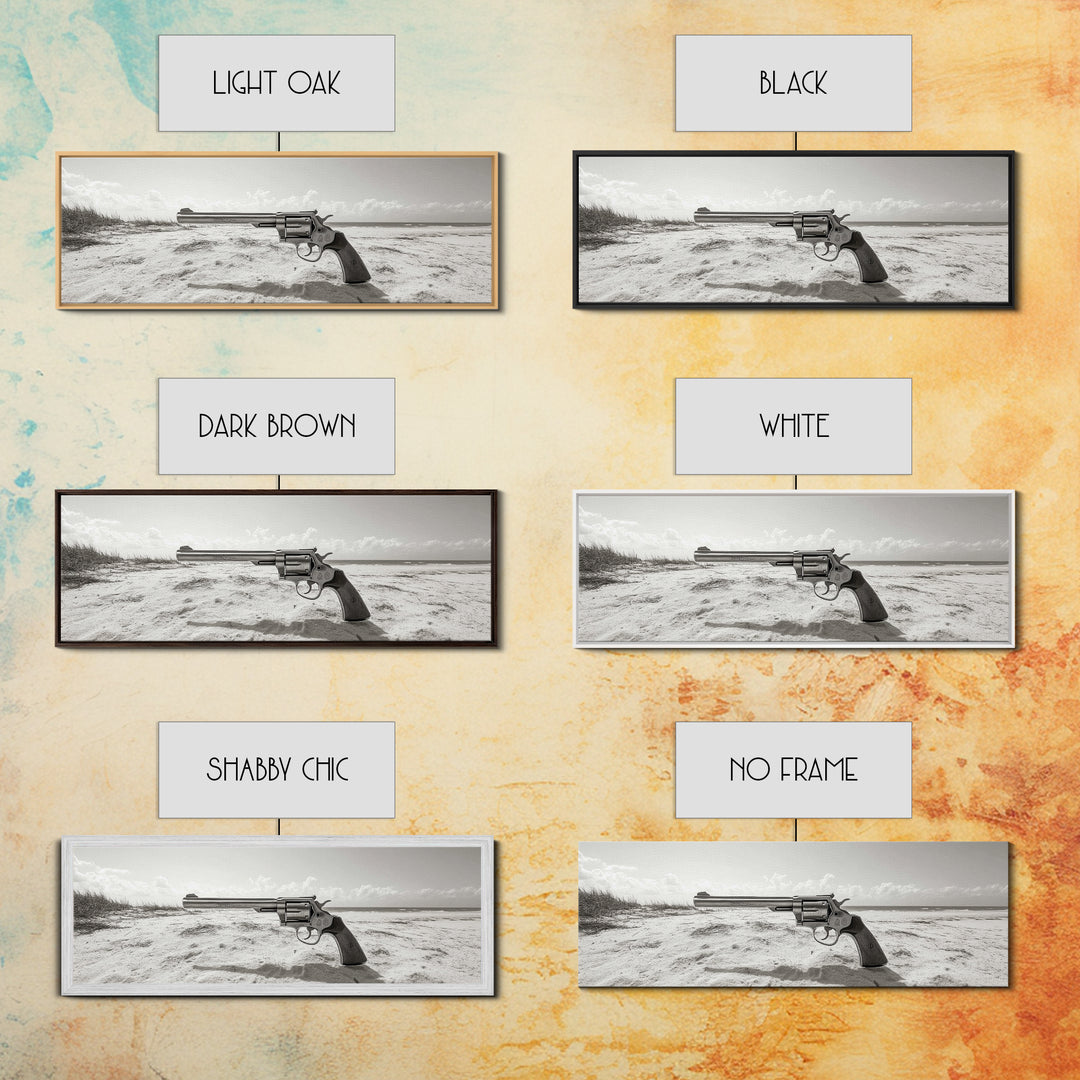 Revolver On Beach, Western Vibes, Americana Style, Framed Canvas Print, Man Cave Wall Art, Bold Statement Decor, Coastal Contrast