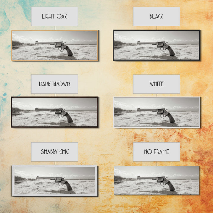 Revolver On Beach, Western Vibes, Americana Style, Framed Canvas Print, Man Cave Wall Art, Bold Statement Decor, Coastal Contrast