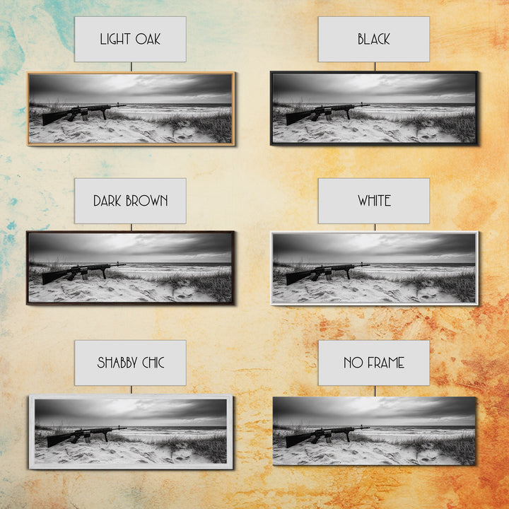 Rifle Seaside Scene, Tactical Still Life, Stormy Beach Mood, Canvas Print, Industrial Wall Art, Dramatic Photography, Masculine Decor