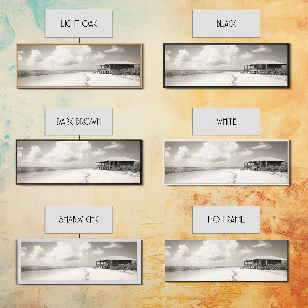 Beach House, Secluded Shore, Calm Waters, Framed Canvas Print, Coastal Wall Art, Minimalist Living Room Decor, Vacation Vibes