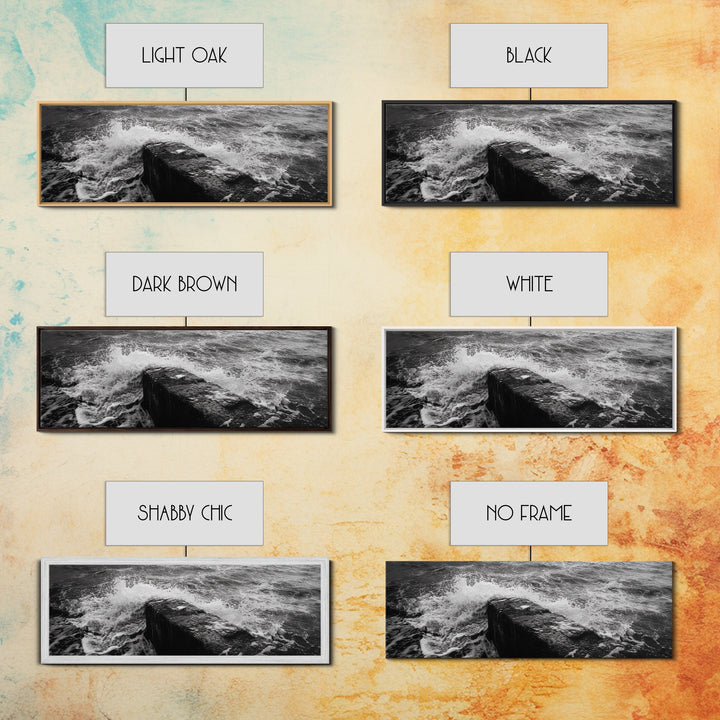 Crashing Waves Rock, Coastal Seascape, Ocean Photography, Black White Art, Framed Canvas Print, Nautical Bathroom Wall Decor