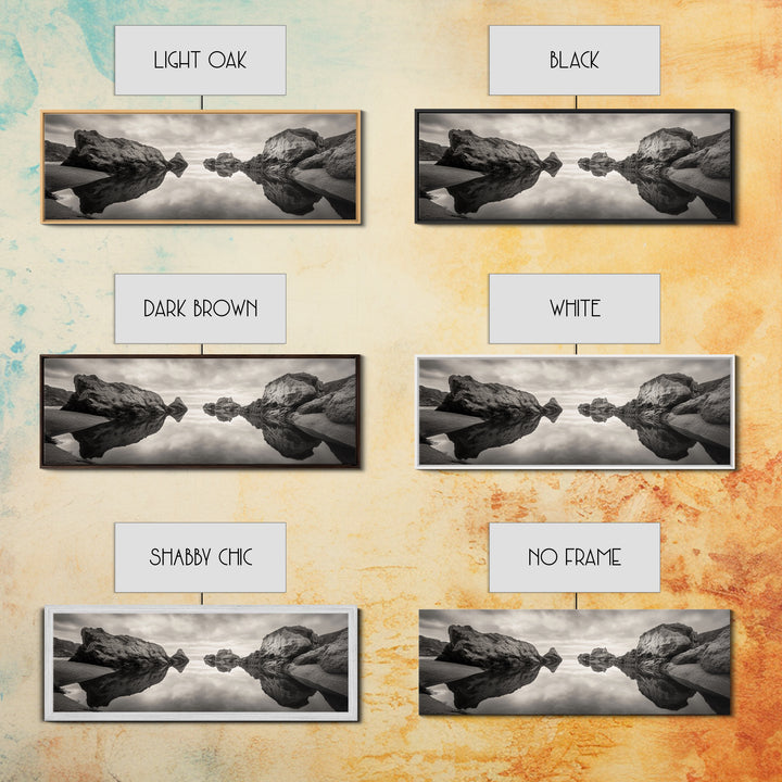 Rock Reflection, Coastal Tranquility, Nature Mirror, Framed Canvas Print, black and white coastal art, zen bathroom decor, moody ocean wall art