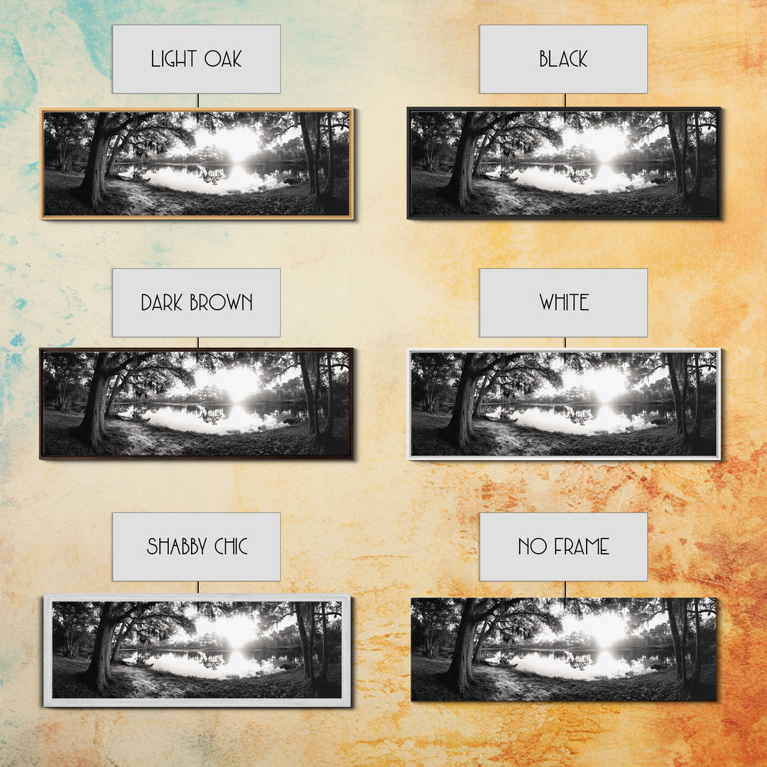 River Sunset, Mossy Trees, Tranquil Reflection, Framed Canvas Print, southern forest wall art, peaceful living room decor, rustic boho vibe