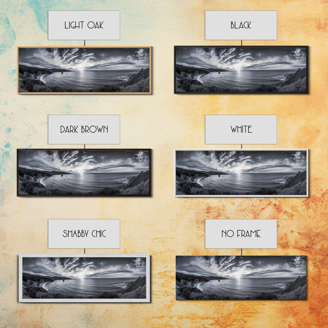 Cloudy Horizon, Wide Ocean View, Coastal Cliffs, Framed Canvas Print, dramatic seascape wall art, coastal kitchen decor, black and white