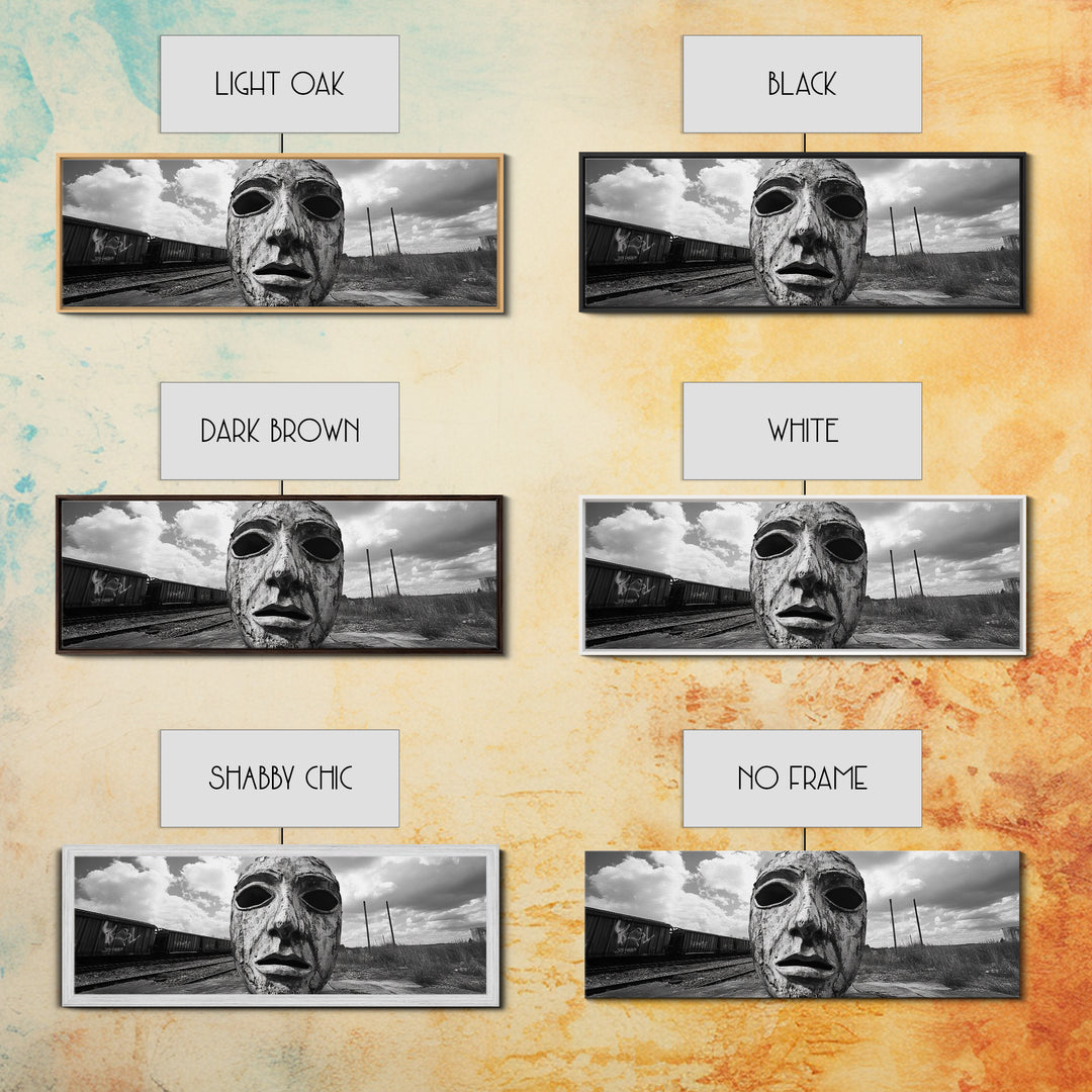 Abandoned Train Mask, Urban Surrealism, Monochrome Street Art, Modern Edgy Decor, Framed Canvas Print, Industrial Room Style