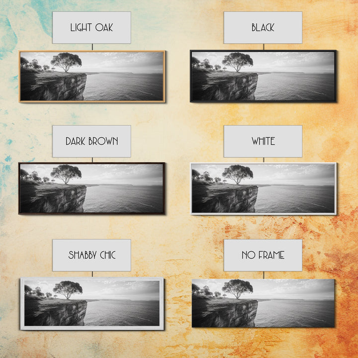 Coastal Cliff Tree, Ocean Horizon, Nature Photography, Framed Canvas Print, Minimalist Wall Art, Living Room Decor, Modern Landscape