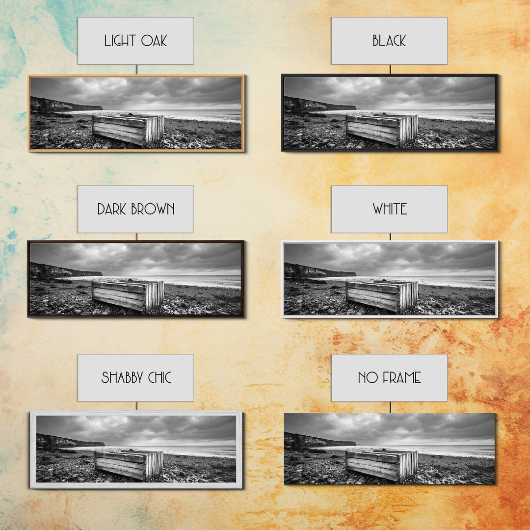 Rocky Beach, Driftwood Crate, Stormy Sky Seascape, Framed Canvas Print, Coastal Rustic Decor, Bathroom Wall Art, Monochrome Style