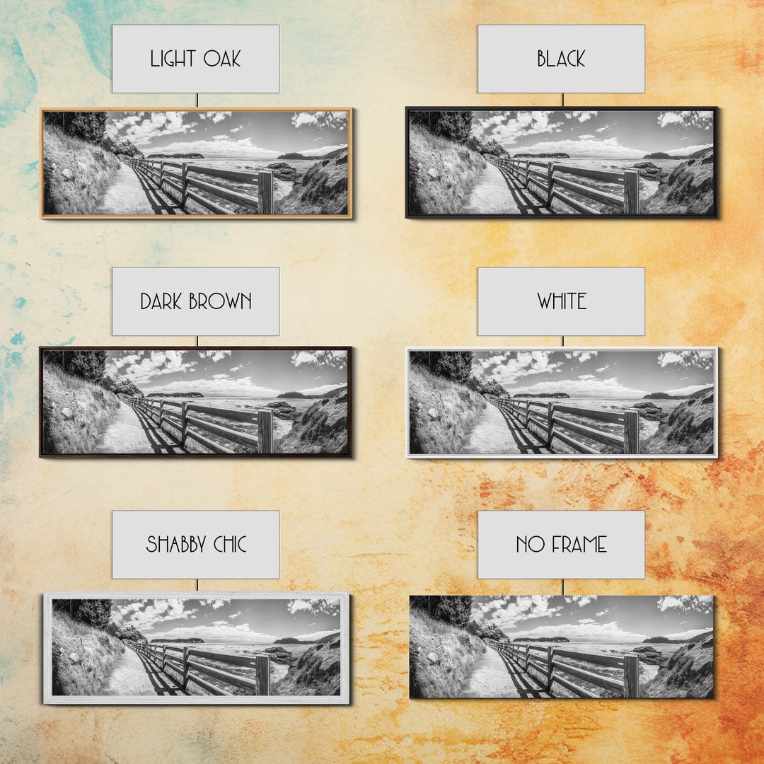 Coastal Fence Path, Island View, Ocean Trail, Framed Canvas Print, Bright Scenic Art, Living Room Decor, Seaside Landscape Vibe