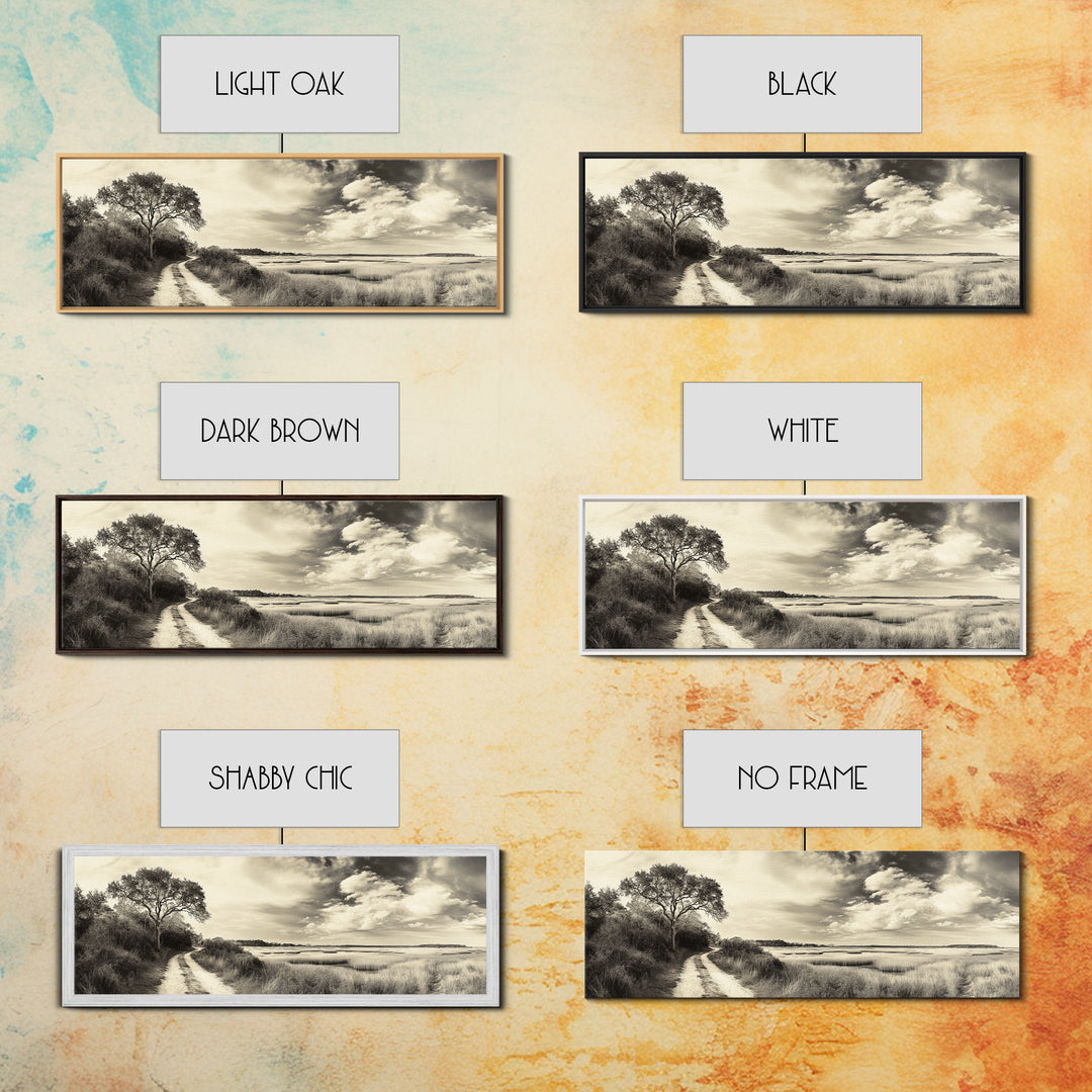 Country Road, Marshland Meadow, Lone Tree Landscape, Framed Canvas Print, Rustic Fall Wall Art, Entryway Decor, Neutral Nature Style