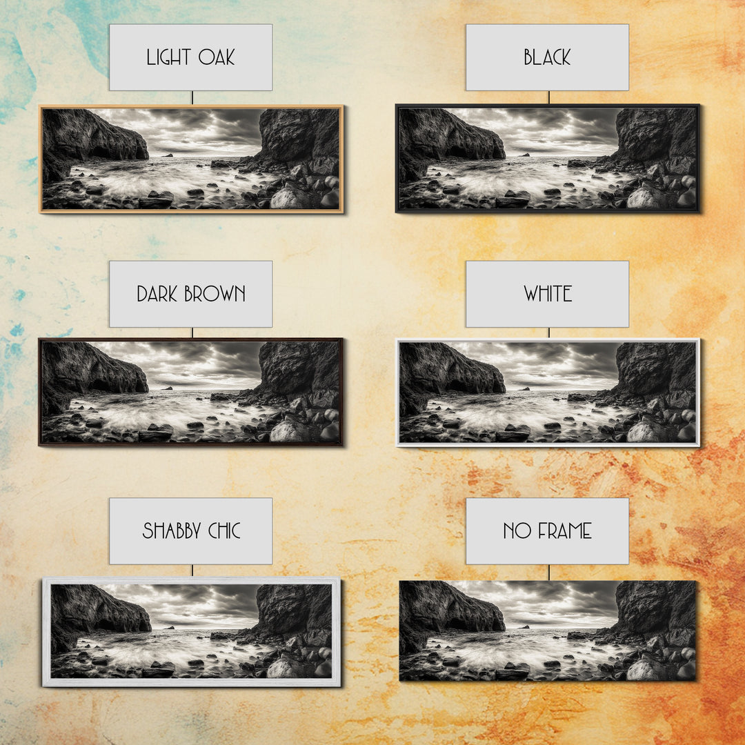 Rocky Shore Escape, Ocean Cliffside, Wild Coast, Moody Sky, Framed Canvas Print, Modern Bathroom Art, Nature Lover Decor