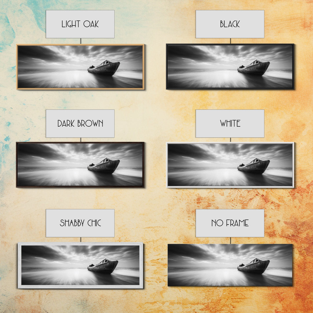 Abandoned Shipwreck, Ocean Ghost Boat, Moody Horizon, Dramatic Sky, Framed Canvas Print, Dark Nautical Art, Hallway Statement Piece