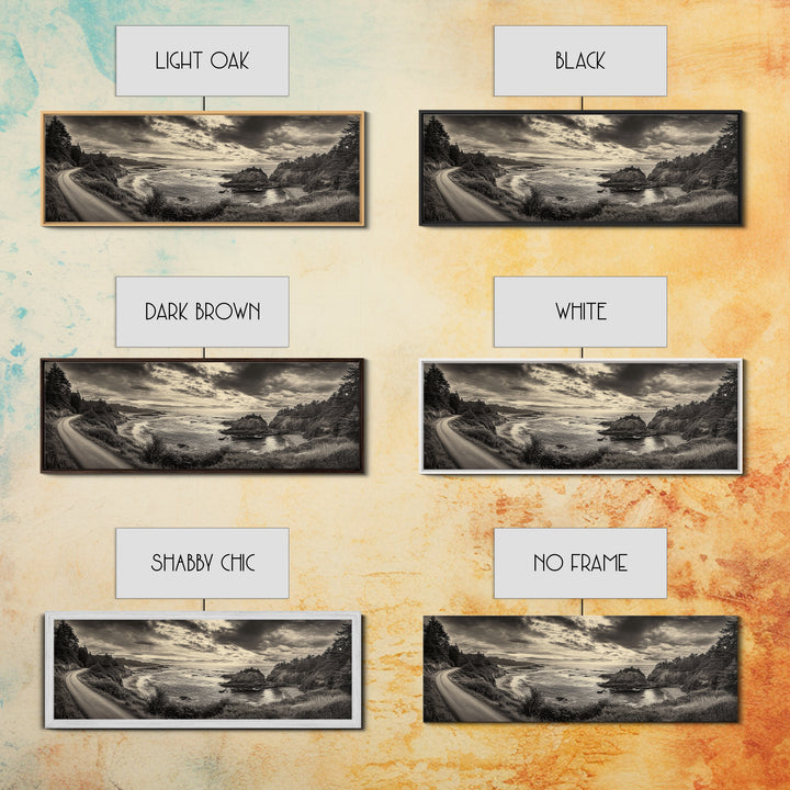 Coastal Road, Ocean Sunset, Rocky Shoreline, Framed Canvas Print, Moody Landscape Photography, Living Room Wall Art, Rustic Nature Decor