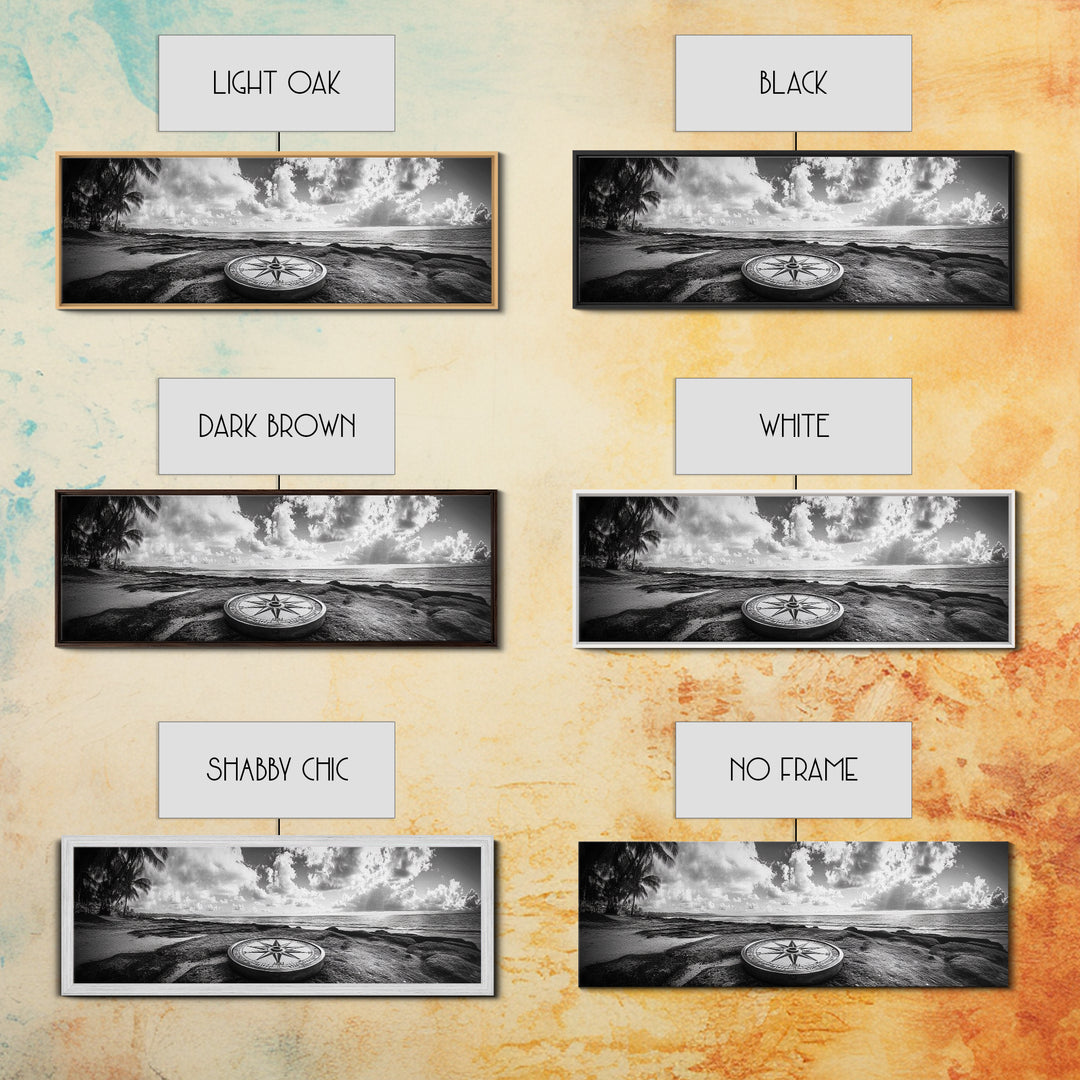 Compass Rose, Ocean Horizon, Palm Trees, Canvas Print, Nautical Beach Art, Boho Living Room Wall Art, Black and White Coastal Decor