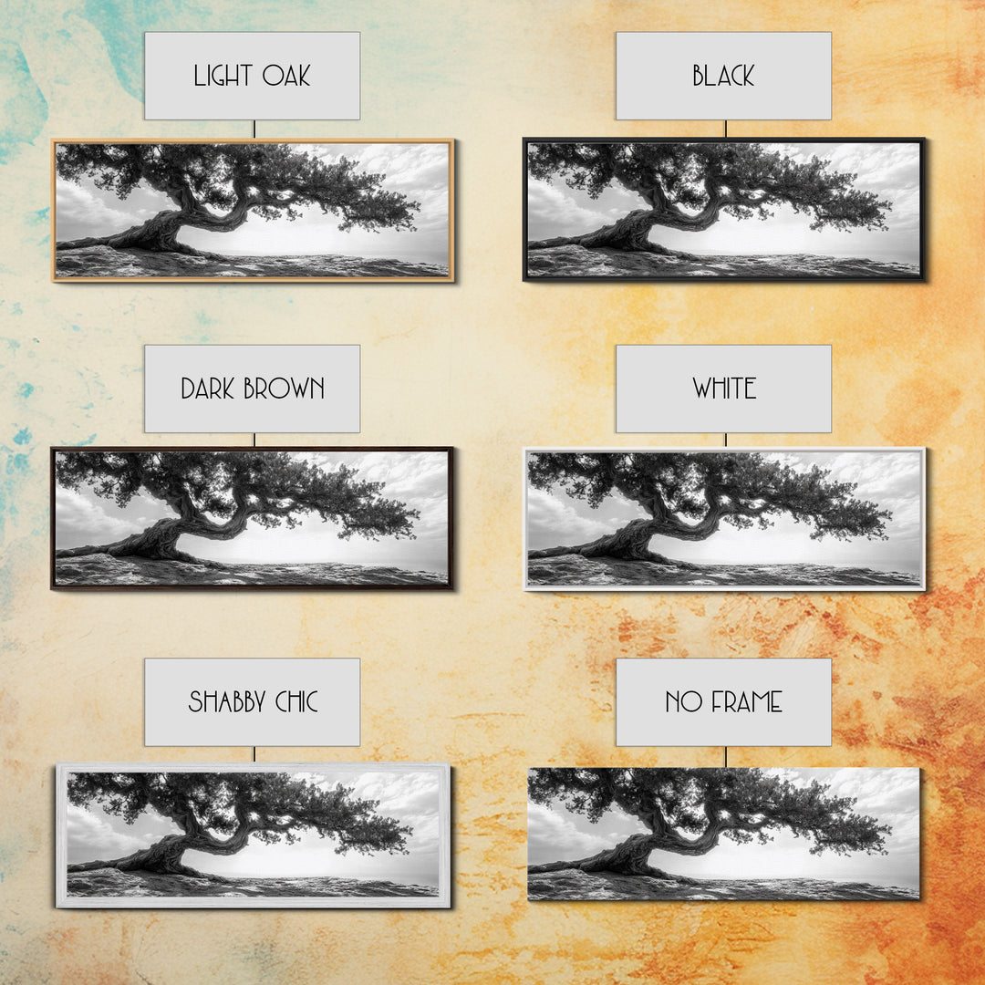 Bending Tree, Windswept Landscape, Coastal Nature, Monochrome Art, Framed Canvas Print, Zen Wall Art, Minimalist Living Room Decor