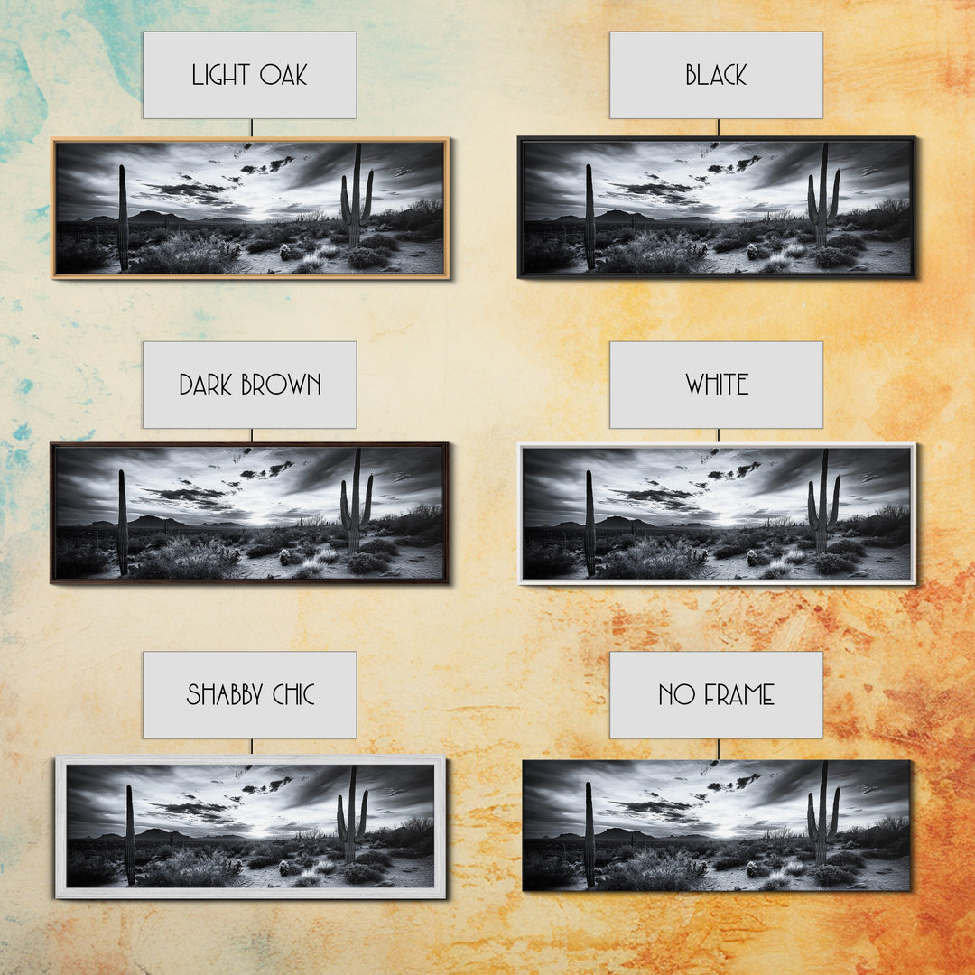 Desert Sunset, Cactus Silhouettes, Southwestern Landscape, Moody Sky Scene, Framed Canvas Print, Western Wall Art, Rustic Office Decor