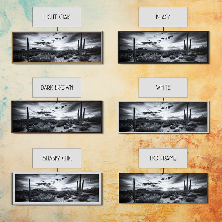 Desert Sunset, Cactus Silhouettes, Southwestern Landscape, Moody Sky Scene, Framed Canvas Print, Western Wall Art, Rustic Office Decor