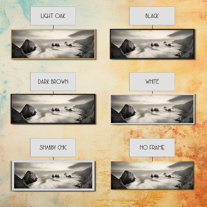 Rocky Coastline, Ocean Cliffs, Soft Waves, Long Exposure Landscape, Framed Canvas Print, Nautical Wall Art, Calm Living Room Decor