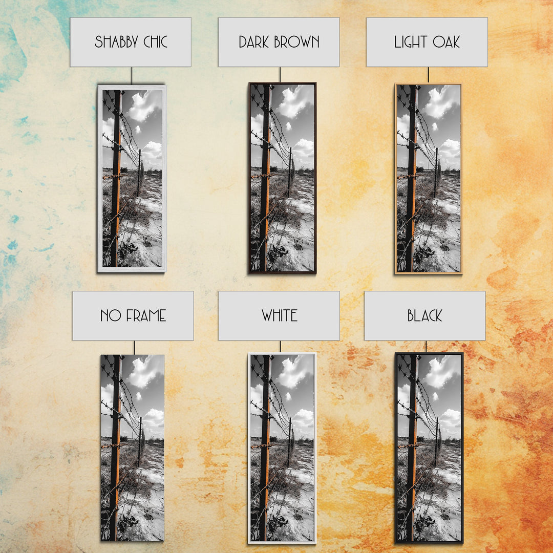 Rust Fence, Barbed Wire, Dramatic Sky, Framed Canvas Print, Abandoned Rural Art, Modern Industrial Decor, Grayscale Country Wall Art