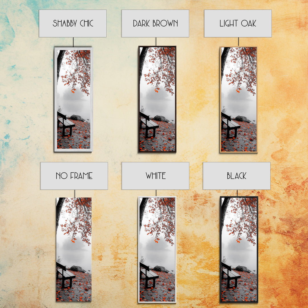 Autumn Leaves, Lakeside Bench, Quiet Moments, Foggy Morning, Framed Canvas Print, Cozy Fall Wall Art, Tranquil Living Room Decor