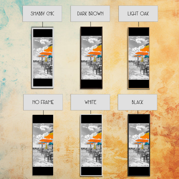 Beach Umbrellas, Seaside Dining, Summer Vibes, Framed Canvas Print, Tropical Kitchen Wall Art, Bright Coastal Decor, Boho Summer Style