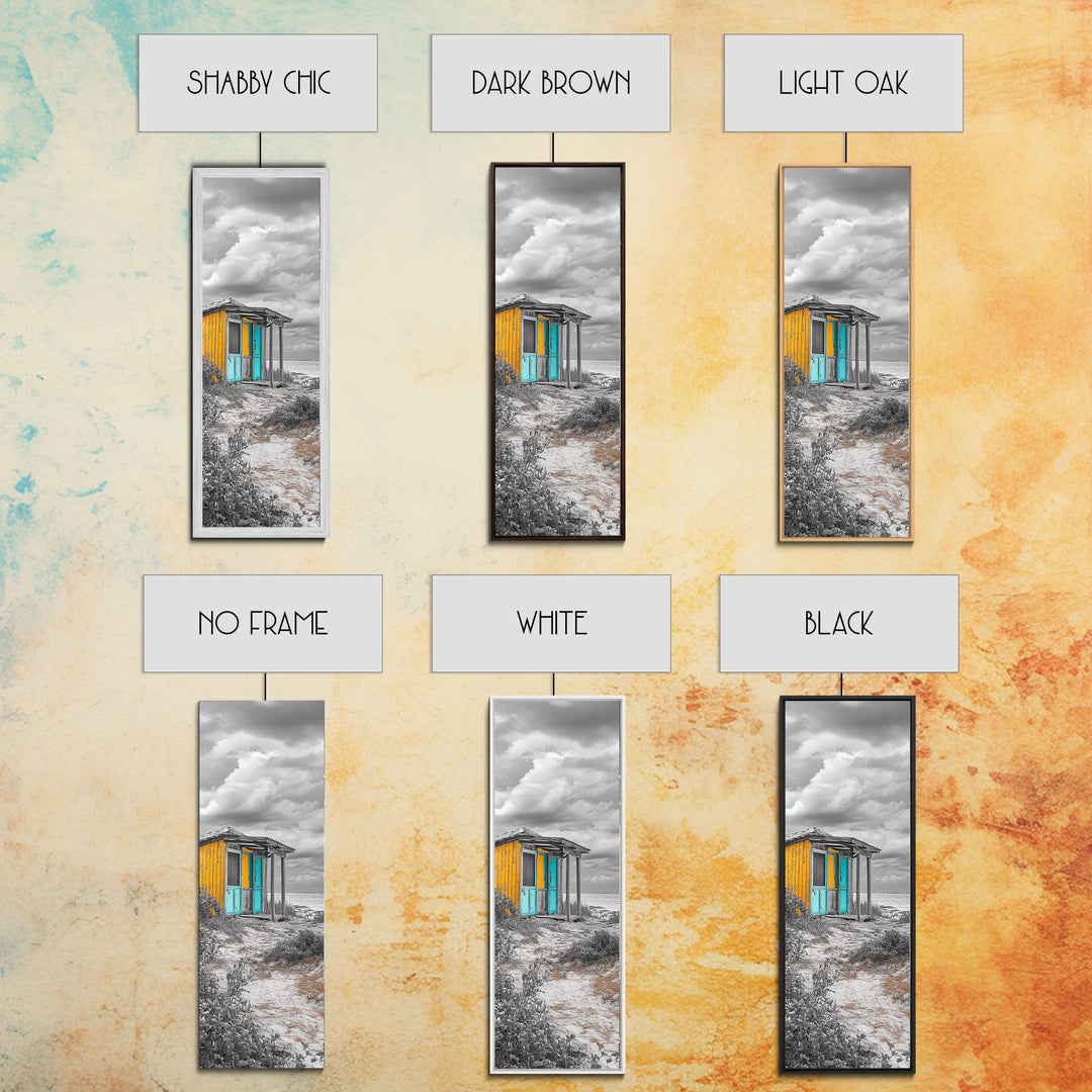 Beach Shack, Rustic Cabin, Vibrant Doors, Framed Canvas Print, Coastal Entryway Wall Art, Tropical Boho Decor, Seaside Rustic Style