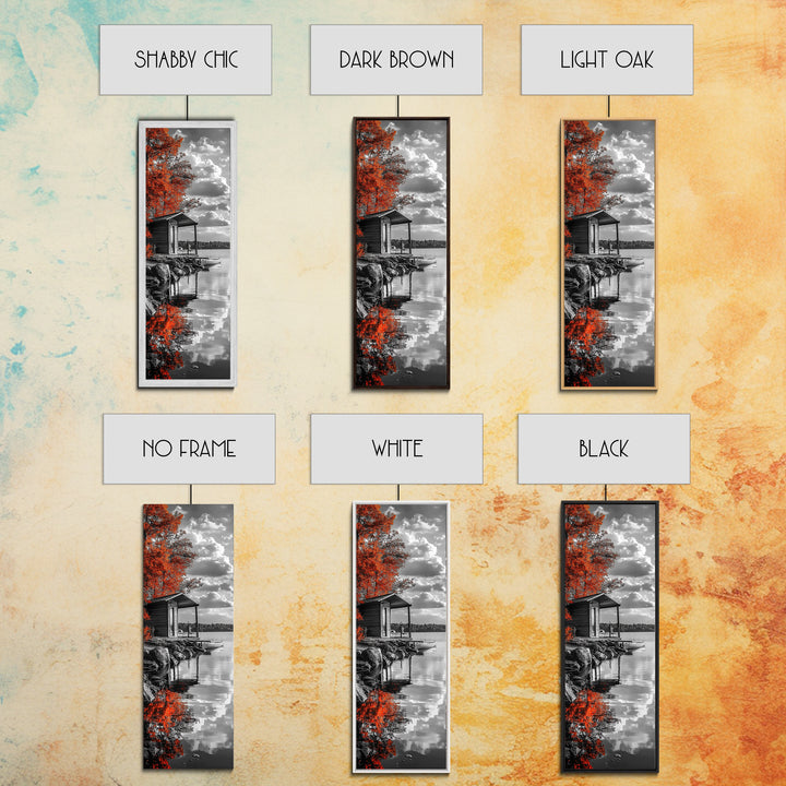 Autumn Cabin Lake, Red Tree Reflections, Tranquil Retreat, Rustic Getaway, Framed Canvas Print, Fall Decor, Nature Wall Art, Lodge Style