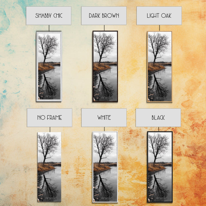 Bare Tree, Marsh Reflection, Autumn Tones, Moody Nature Framed Canvas Print, fall farmhouse wall art, rustic entryway decor, office wall art