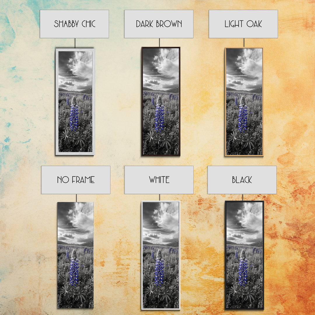 Blue Lupine, Wildflower Meadow, Cloudy Sky, Spring Bloom Framed Canvas Print, floral nature art, botanical hallway wall decor