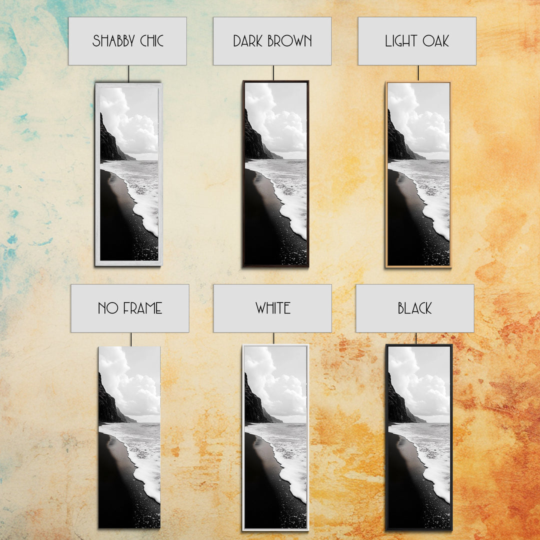 Black Sand, Ocean Foam, Rocky Shoreline, Coastal Serenity, Framed Canvas Print, Monochrome Wall Art, Bathroom Decor, Beach Minimalist