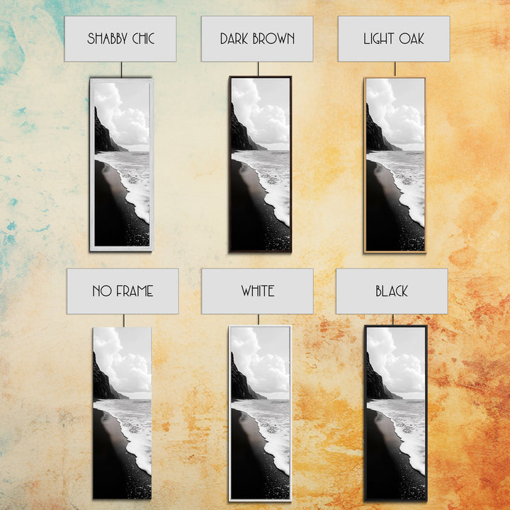 Black Sand, Ocean Foam, Rocky Shoreline, Coastal Serenity, Framed Canvas Print, Monochrome Wall Art, Bathroom Decor, Beach Minimalist