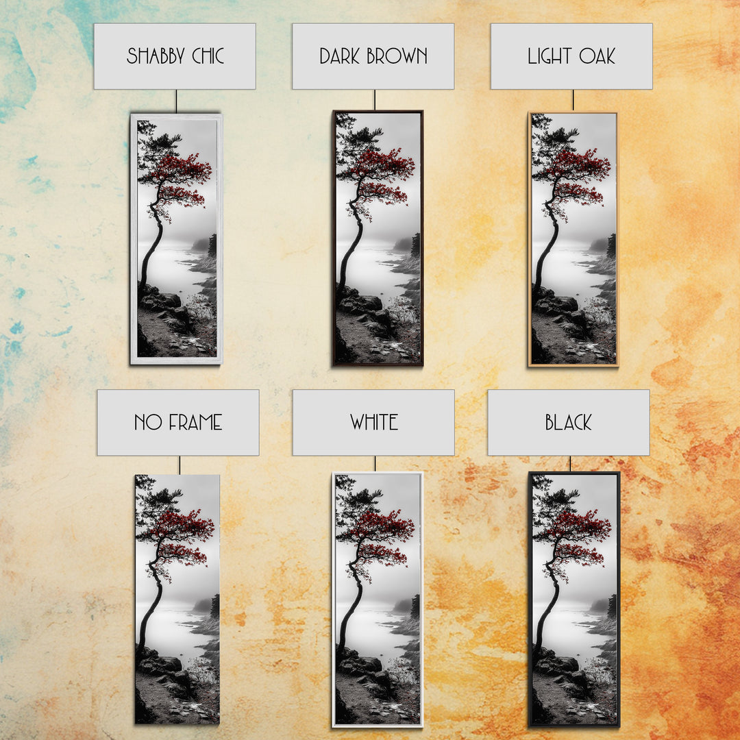 Curved Tree, Foggy Coastline, Red Leaves, Moody Nature Canvas Print, Autumn Landscape, Bedroom Wall Art, Minimalist Earthy Decor