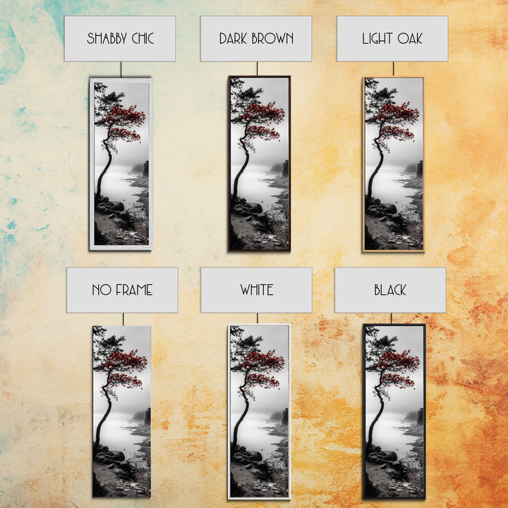 Curved Tree, Foggy Coastline, Red Leaves, Moody Nature Canvas Print, Autumn Landscape, Bedroom Wall Art, Minimalist Earthy Decor