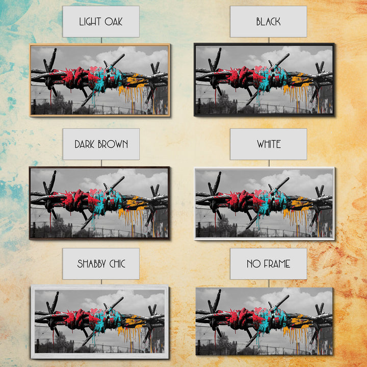 Barbed Wire, Graffiti Art, Urban Street Style, Grunge Decor, Framed Canvas Print, Industrial Wall Art, Dripping Paint, Mixed Media Style