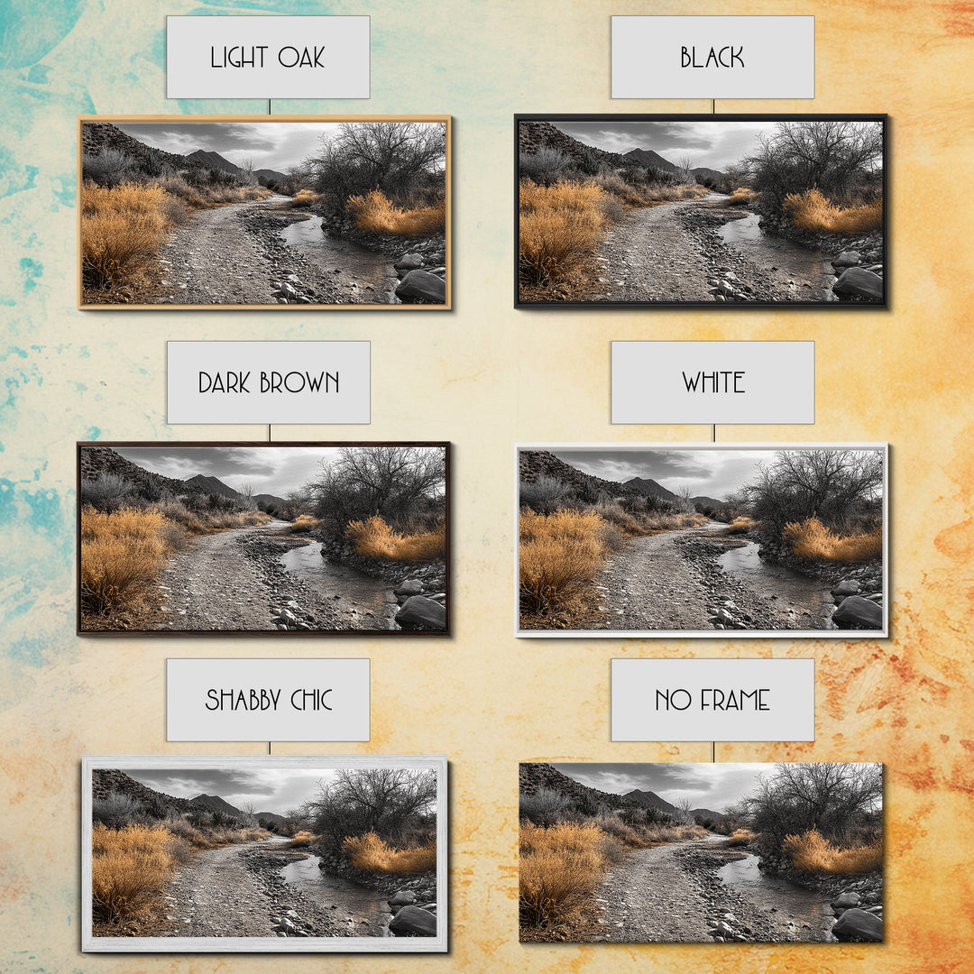 Autumn Path, Golden Bushes, Seasonal Stream, Fall Foliage, Framed Canvas Print, Cozy Entryway Decor, Rustic Wall Art, Nature Inspired