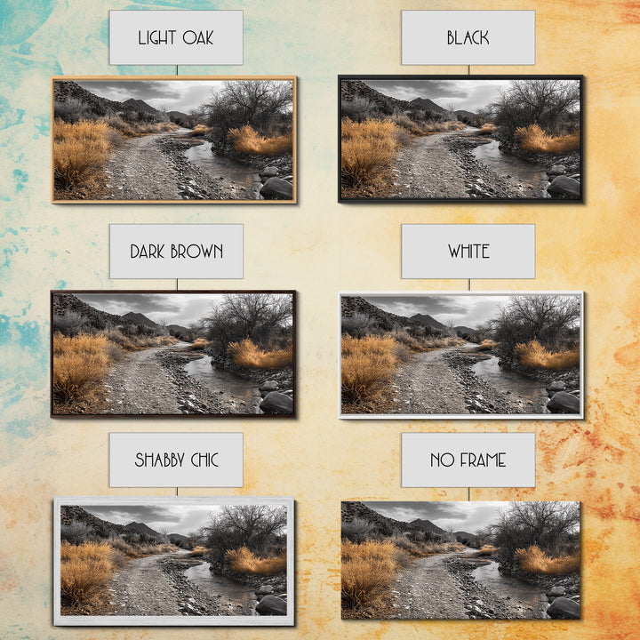 Autumn Path, Golden Bushes, Seasonal Stream, Fall Foliage, Framed Canvas Print, Cozy Entryway Decor, Rustic Wall Art, Nature Inspired