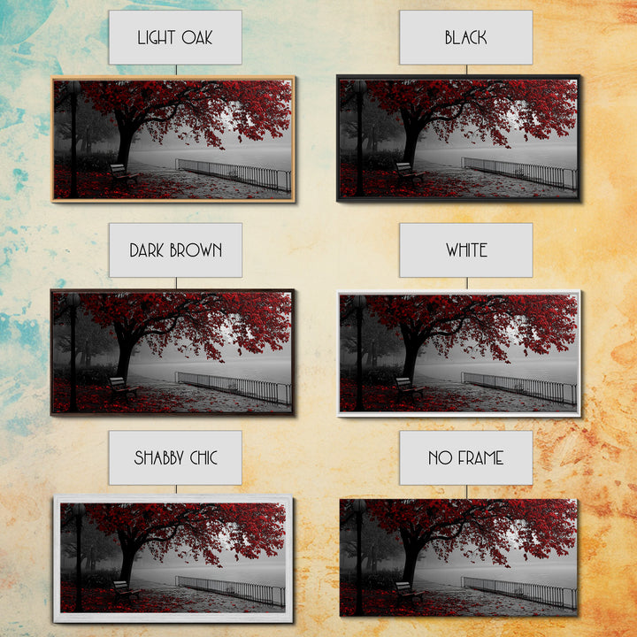 Autumn Bench, Leaves, Foggy park serenity meets bold red leaves in this Framed Canvas Print, ideal Autumn Bedroom Wall Art, Entryway Decor