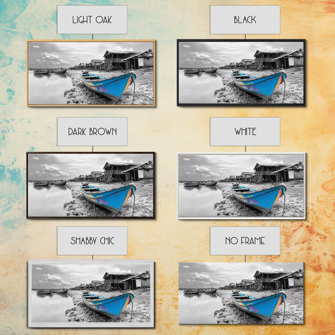 Blue Boat, Shore Village, Coastal Charm, Framed Canvas Print, Rustic Fishing Art, Seaside Home Decor, Nautical Style, Ocean Wall Art