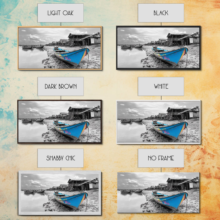 Blue Boat, Shore Village, Coastal Charm, Framed Canvas Print, Rustic Fishing Art, Seaside Home Decor, Nautical Style, Ocean Wall Art