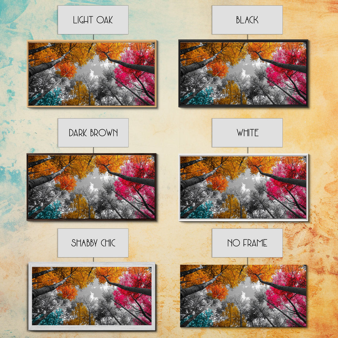 Autumn Trees, Colorful Forest, Fall Foliage, Looking Up, Framed Canvas Print, Vibrant Nature, Living Room Wall Art, Boho Style