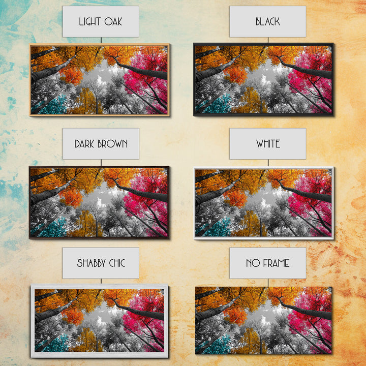 Autumn Trees, Colorful Forest, Fall Foliage, Looking Up, Framed Canvas Print, Vibrant Nature, Living Room Wall Art, Boho Style