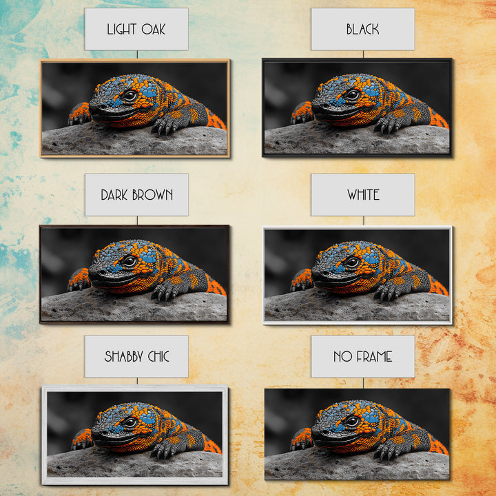 Colorful Lizard, Wildlife Closeup, Exotic Creature, Nature Bold, Framed Canvas Print, Reptile Lover Gift, Office Wall Art, Vibrant Wildlife Art