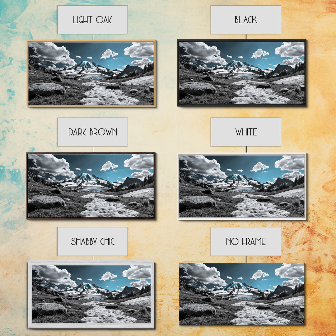 Blue Sky, Glacial Mountain, Winter Landscape, Nature Scene, Framed Canvas Print, Cabin Wall Art, Snowy Hiking Trail, Minimalist Nature Art