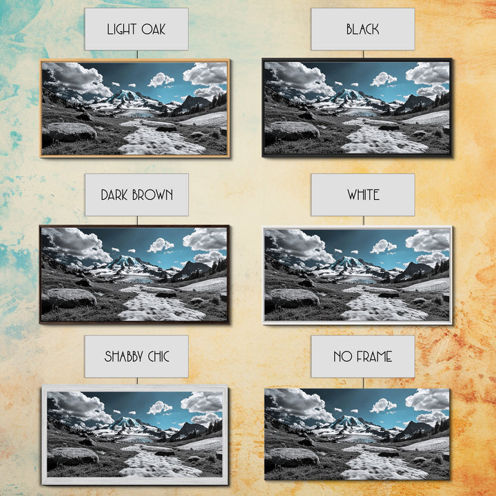 Blue Sky, Glacial Mountain, Winter Landscape, Nature Scene, Framed Canvas Print, Cabin Wall Art, Snowy Hiking Trail, Minimalist Nature Art