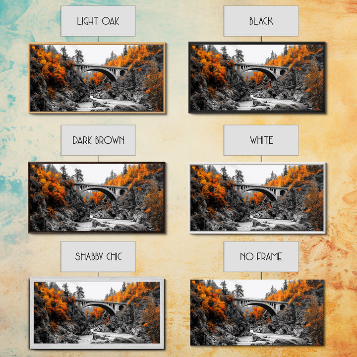 Autumn Bridge, River Gorge, Rustic Nature, Fall Trees, Framed Canvas Print, Cabin Wall Art, Seasonal Decor, Scenic Travel Landscape