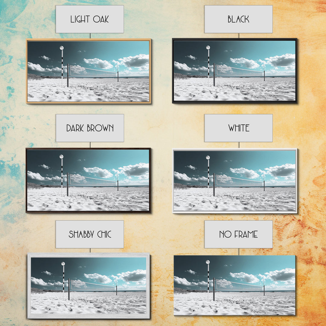 Beach Volleyball, Summer Sport, Minimalist Beach Scene, Sky Art, Framed Canvas Print, Game Room Wall Art, Coastal Modern Decor