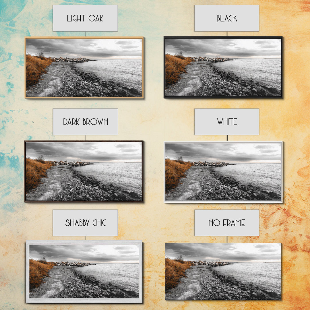 Coastal Path, Stormy Shore, Serene View, Monochrome Mood, Framed Canvas Print, Beach Wall Art, Peaceful Nature, Seaside Photography Decor