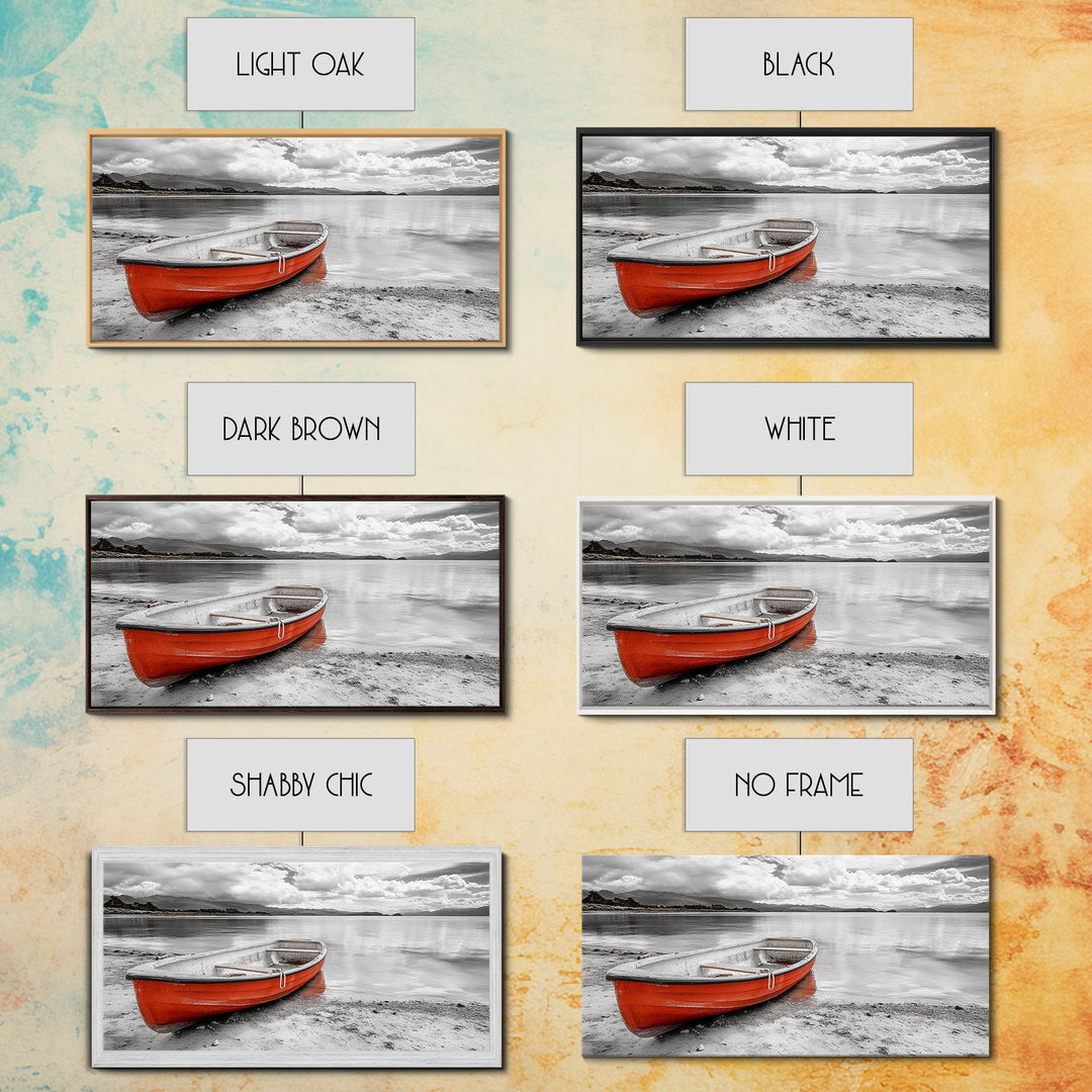 Beached Boat, Calm Waters, Cloudy Horizon, Serene Coastline, Framed Canvas Print, Coastal Wall Art, Minimalist Home Decor, Beach House