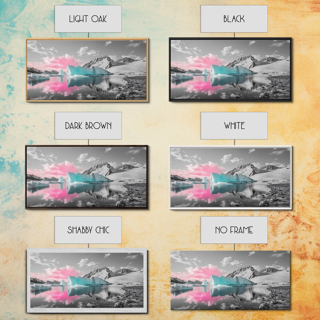 Blue Icebergs, Pink Sky, Glacial Lake, Arctic Dreamscape – Canvas Print, Nature Photography Art, Bedroom Wall Art, Serene Winter Decor