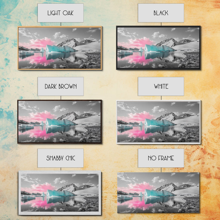 Blue Icebergs, Pink Sky, Glacial Lake, Arctic Dreamscape – Canvas Print, Nature Photography Art, Bedroom Wall Art, Serene Winter Decor