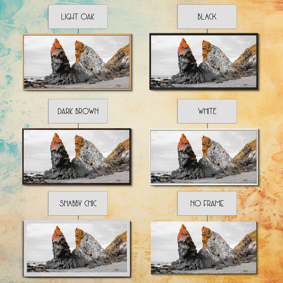 Rocky Cliffs, Orange Moss, Ocean Landscape, Coastal Vibe – Framed Canvas Print, Nature Wall Art, Fall Inspired Decor, Bathroom or Hallway